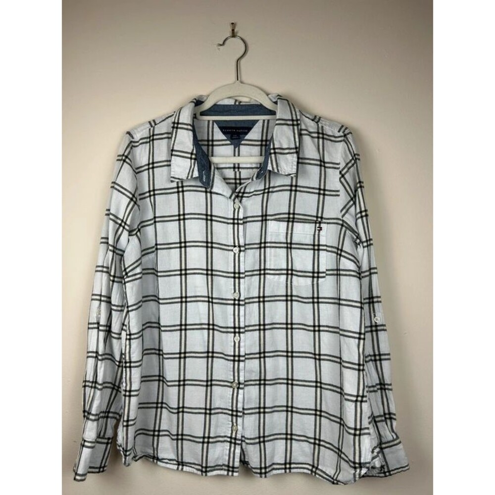 Tommy Hilfiger Men’s L Plaid Woven Cotton Button-Up Shirt Long Sleeve Pockets